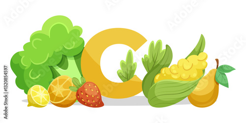 Various vitamin C-rich foods, including fruits and vegetables, arranged around a large letter C on a white background. Healthy nutrition concept. Vector illustration