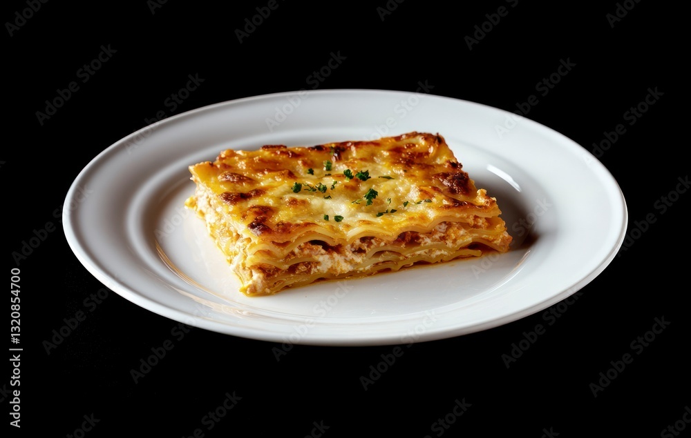 Serving of Classic Lasagna on White Plate Against Black Background Serving of Classic Lasagna on White Plate Against Black Background