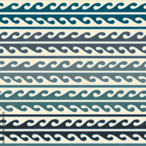 Seamless nomadic meander pattern in white and blue tones