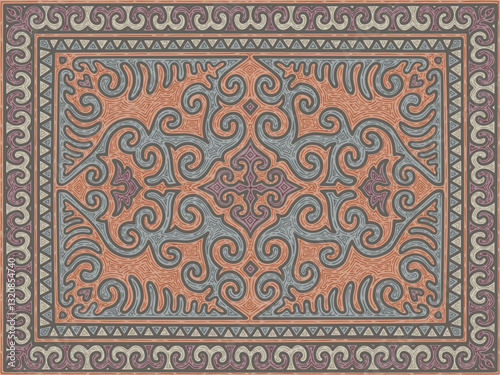 Traditional Central Asian carpet pattern with pastel colours and ram horns motifs