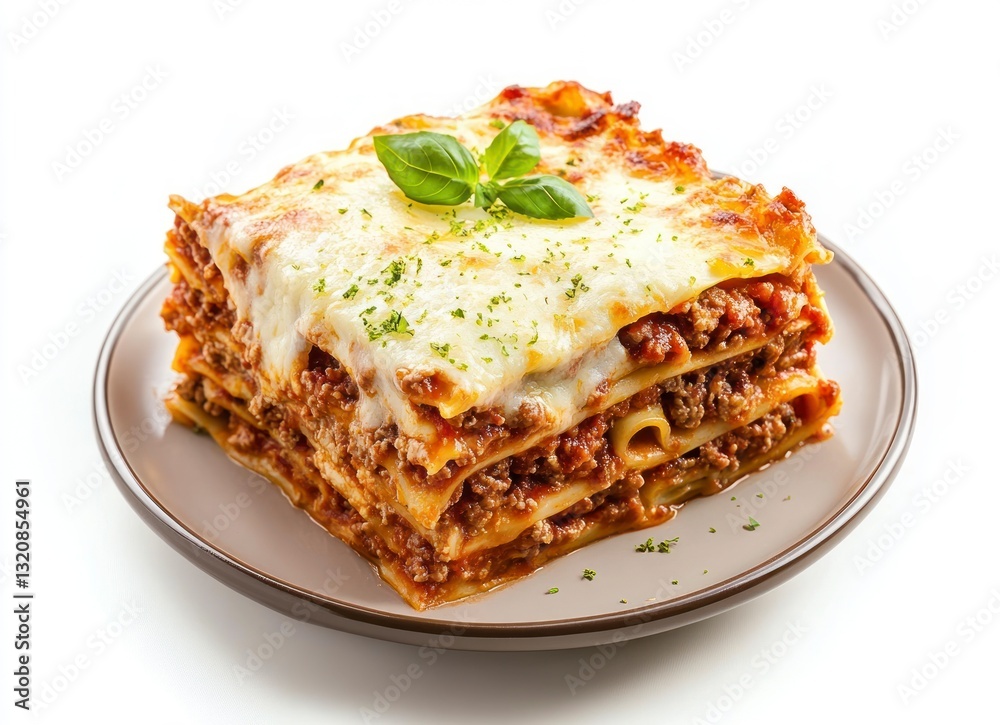 Delicious Homemade Lasagna with Meat Sauce and Basil on a Plate Delicious Homemade Lasagna with Meat Sauce and Basil on a Plate