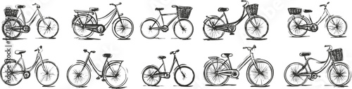 Collection of vintage bicycle illustrations with various designs and details.