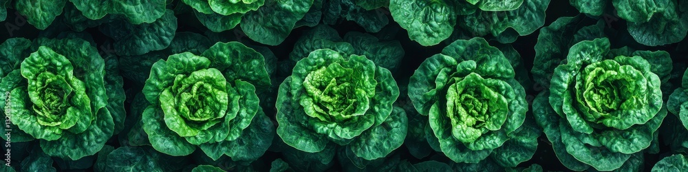 Fototapeta premium Vibrant Green Lettuce Heads, Top View, Organic Farming Texture, Fresh Produce Background