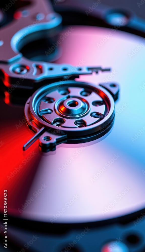 Close-Up of Hard Drive Mechanism with Reflective Surface and Lights Close-Up of Hard Drive Mechanism with Reflective Surface and Lights