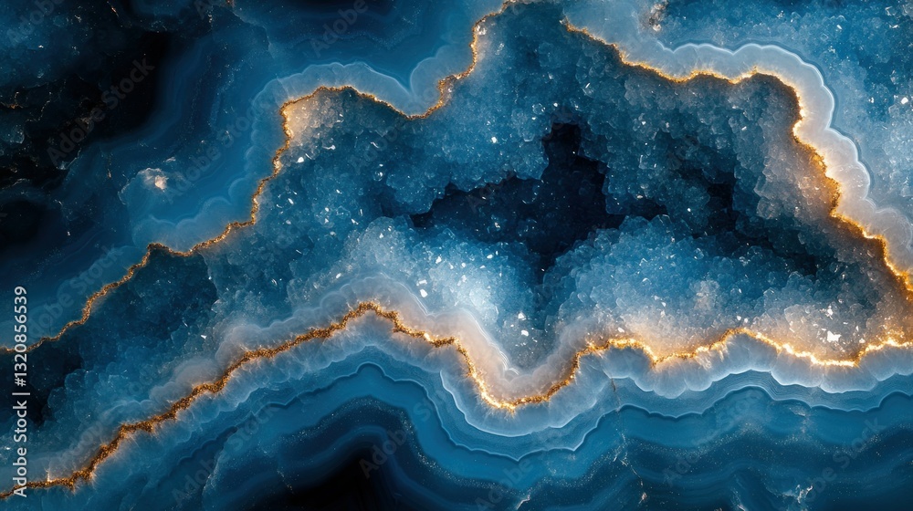 Fototapeta premium Intricate geological patterns of deep blue and golden agate. Detailed crystal veins and layers create a mesmerizing design