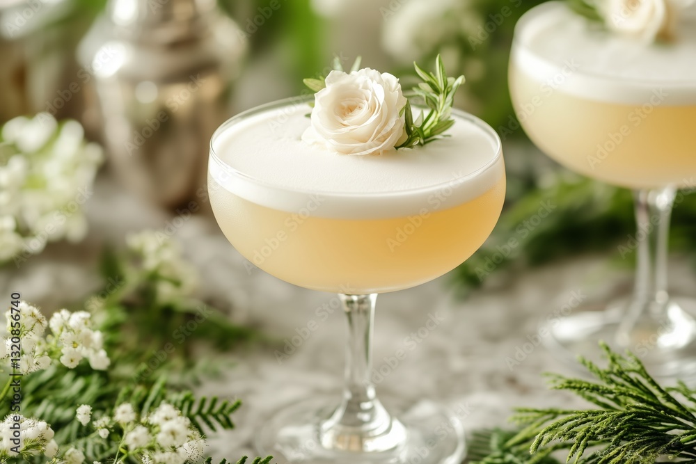 Elegant cocktail with rose and rosemary garnish on a floral table Elegant cocktail with rose and rosemary garnish on a floral table