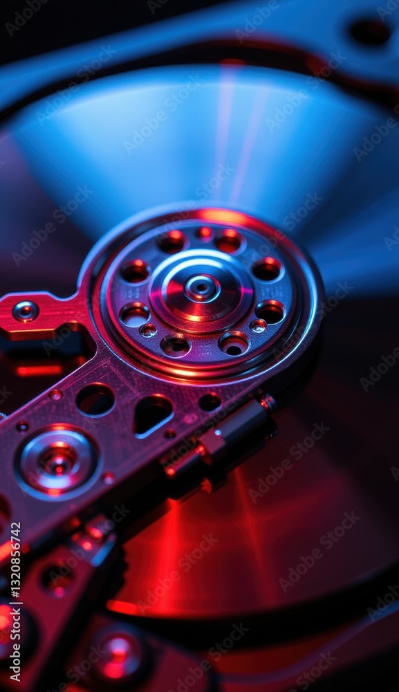 Close-Up of Hard Drive Mechanism with Reflective Surface and Lights Close-Up of Hard Drive Mechanism with Reflective Surface and Lights