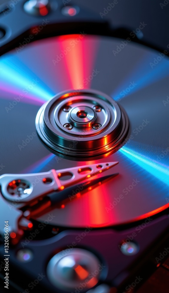 Close-Up of Hard Drive Mechanism with Reflective Surface and Lights Close-Up of Hard Drive Mechanism with Reflective Surface and Lights