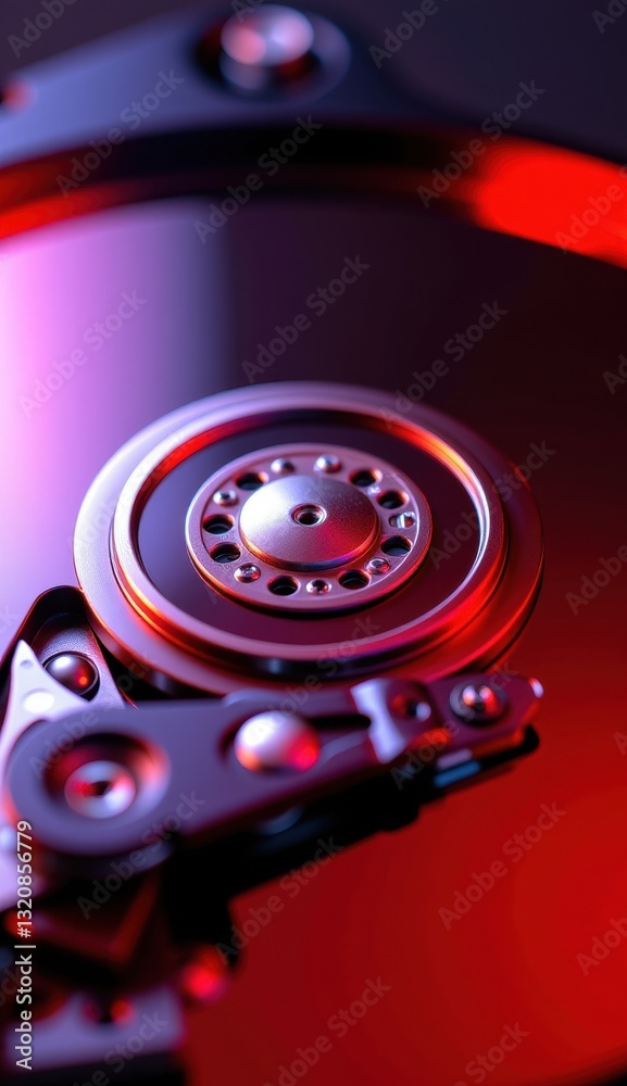 Close-Up of Hard Drive Mechanism with Reflective Surface and Lights Close-Up of Hard Drive Mechanism with Reflective Surface and Lights
