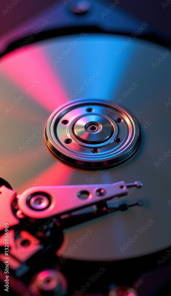 Close-Up of Hard Drive Mechanism with Reflective Surface and Lights Close-Up of Hard Drive Mechanism with Reflective Surface and Lights