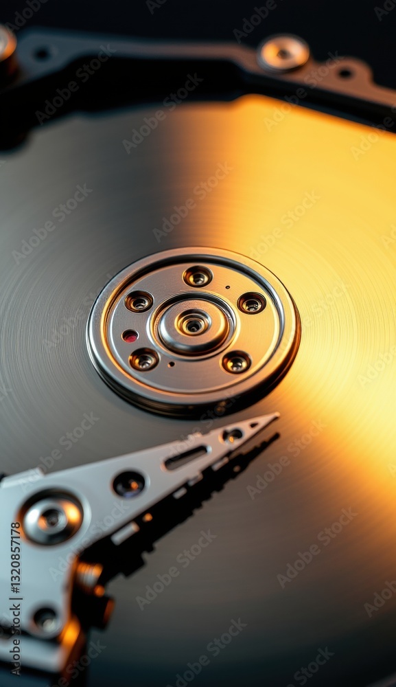 Close-Up of Hard Drive Mechanism with Reflective Surface and Lights Close-Up of Hard Drive Mechanism with Reflective Surface and Lights