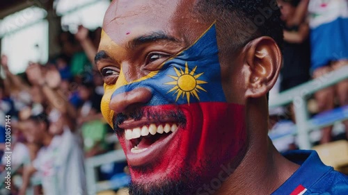 Excited Kiribati man with face painted in Kiribati national colors cheering at a sports stadium, passionate football supporter  
