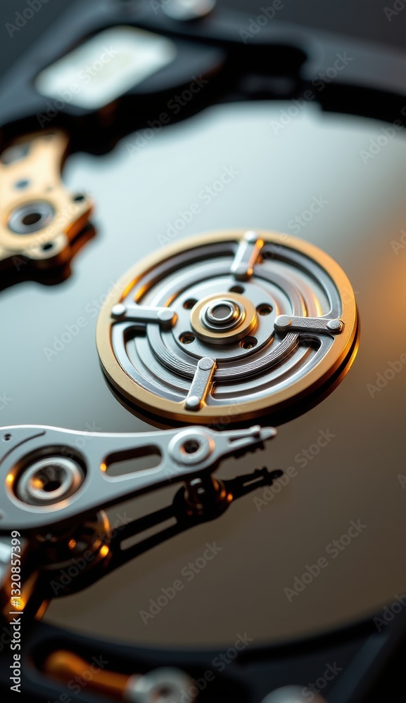 Close-Up of Hard Drive Mechanism with Reflective Surface and Lights Close-Up of Hard Drive Mechanism with Reflective Surface and Lights