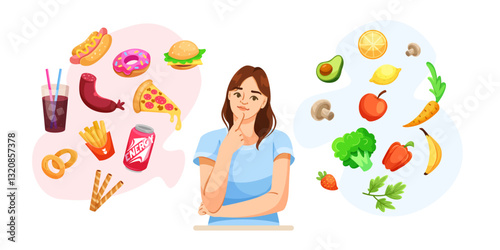 A woman thinking about food choices, with healthy food on one side and harmful fast food on the other. Concept of nutrition and decision-making. Vector illustration
