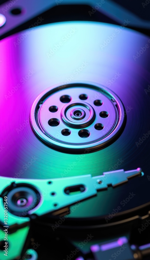Close-Up of Hard Drive Mechanism with Reflective Surface and Lights Close-Up of Hard Drive Mechanism with Reflective Surface and Lights