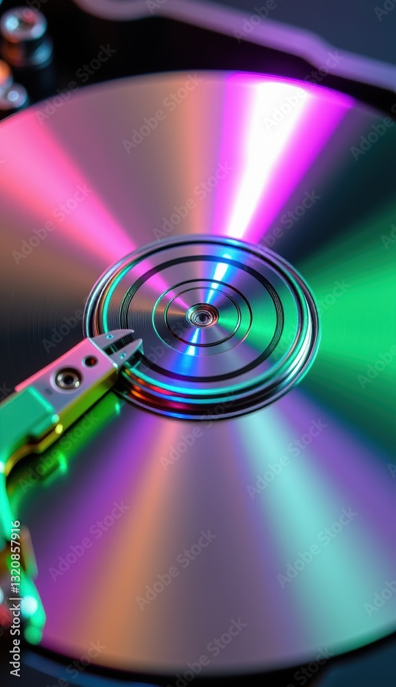 Close-Up of Hard Drive Mechanism with Reflective Surface and Lights Close-Up of Hard Drive Mechanism with Reflective Surface and Lights