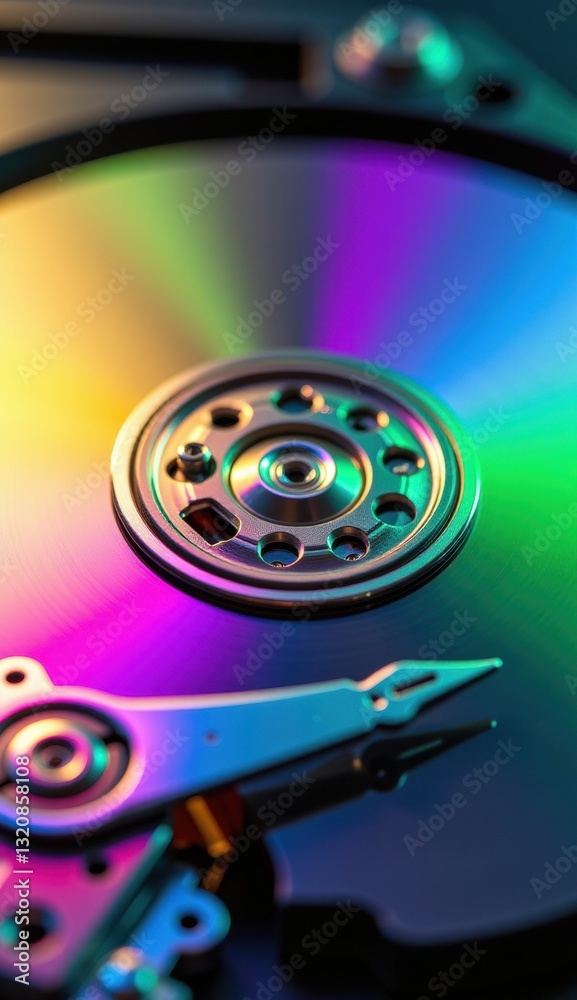 Close-Up of Hard Drive Mechanism with Reflective Surface and Lights Close-Up of Hard Drive Mechanism with Reflective Surface and Lights
