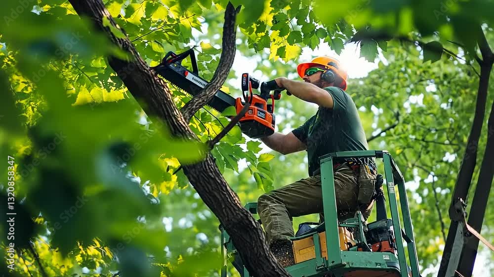 Arborist trimming tree branches in forest canopy
