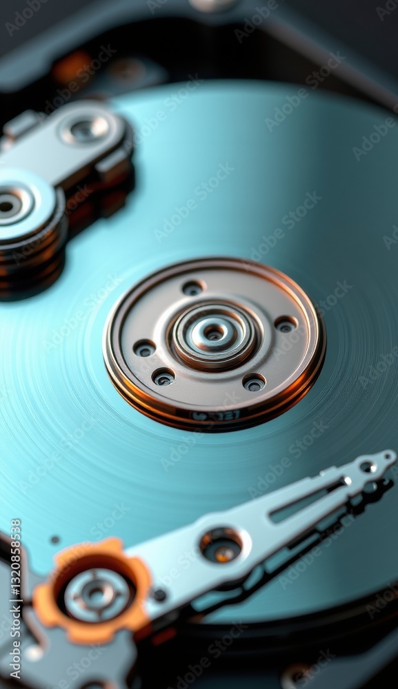 Close-Up of Hard Drive Mechanism with Reflective Surface and Lights Close-Up of Hard Drive Mechanism with Reflective Surface and Lights