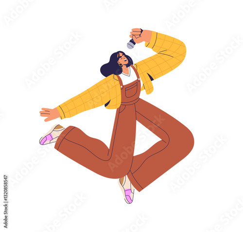 Woman singer jumping with microphone, singing song. Young vocal artist, girl with mic, performing live with emotion, energy in flying pose. Flat vector illustration isolated on white background