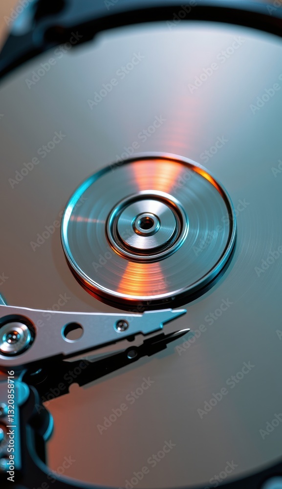 Close-Up of Hard Drive Mechanism with Reflective Surface and Lights Close-Up of Hard Drive Mechanism with Reflective Surface and Lights