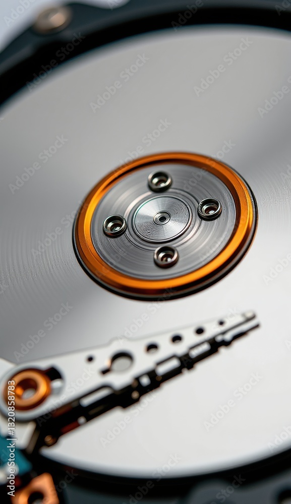 Close-Up of Hard Drive Mechanism with Reflective Surface and Lights Close-Up of Hard Drive Mechanism with Reflective Surface and Lights