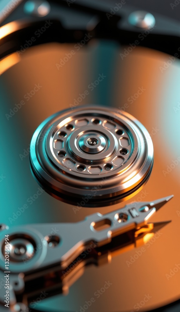 Close-Up of Hard Drive Mechanism with Reflective Surface and Lights Close-Up of Hard Drive Mechanism with Reflective Surface and Lights