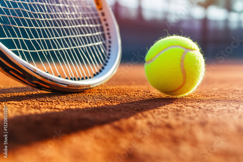 A tennis player captured mid-swing, striking the ball with force as dust lifts from the clay court with copy space. Bright natural lighting. Outdoor clay court background.