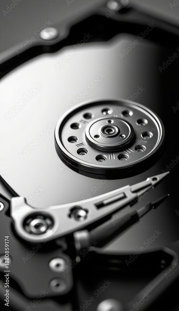Close-Up of Hard Drive Mechanism with Reflective Surface and Lights Close-Up of Hard Drive Mechanism with Reflective Surface and Lights