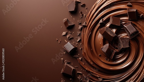 Luxury chocolate swirl with rich glossy texture, paired with levitating chocolate pieces, ideal for dessert packaging and advertising