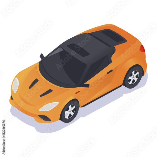 Isometric illustration of an orange sports car with a black roof on a white background. Concept of modern vehicle design and transportation. Vector illustration