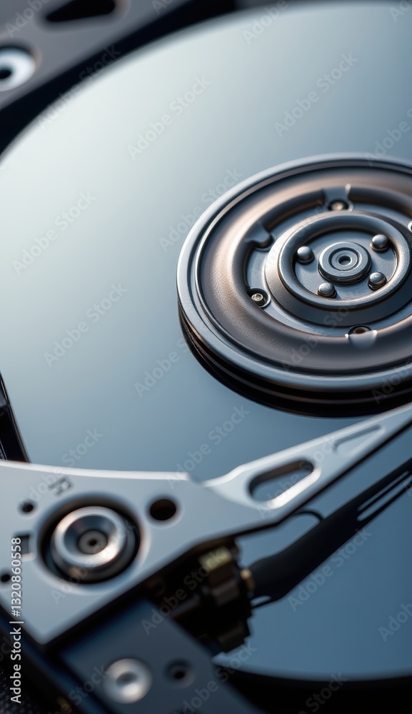 Close-Up of Hard Drive Mechanism with Reflective Surface and Lights Close-Up of Hard Drive Mechanism with Reflective Surface and Lights