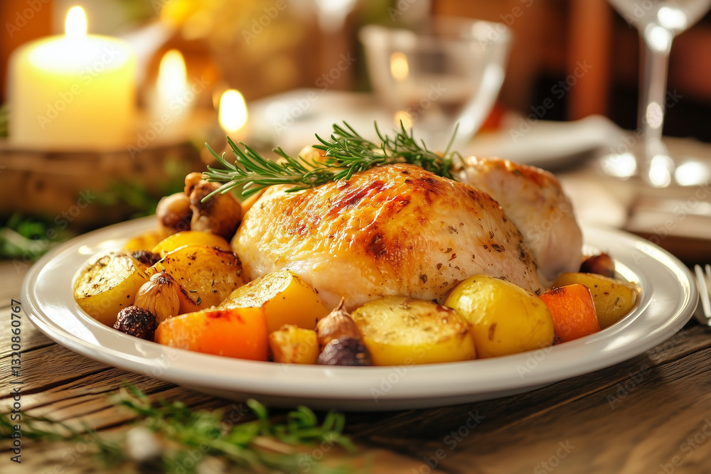 Festive Roasted Chicken Dinner with Vegetables and Warm Lighting