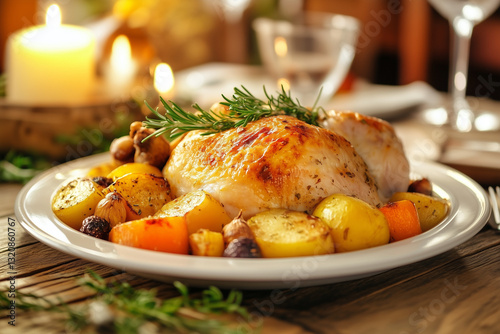 Obraz na płótnie Festive Roasted Chicken Dinner with Vegetables and Warm Lighting
w salonie