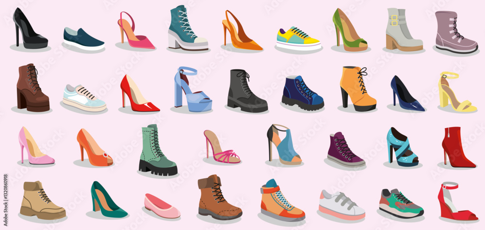 Set of fashionable shoes and boots in different styles and colors on a pastel background. Footwear fashion and accessories concept. Vector illustration Set of fashionable shoes and boots in different styles and colors on a pastel background. Footwear fashion and accessories concept. Vector illustration