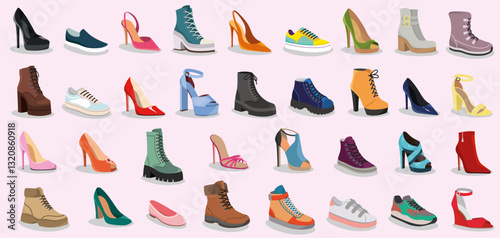 Set of fashionable shoes and boots in different styles and colors on a pastel background. Footwear fashion and accessories concept. Vector illustration