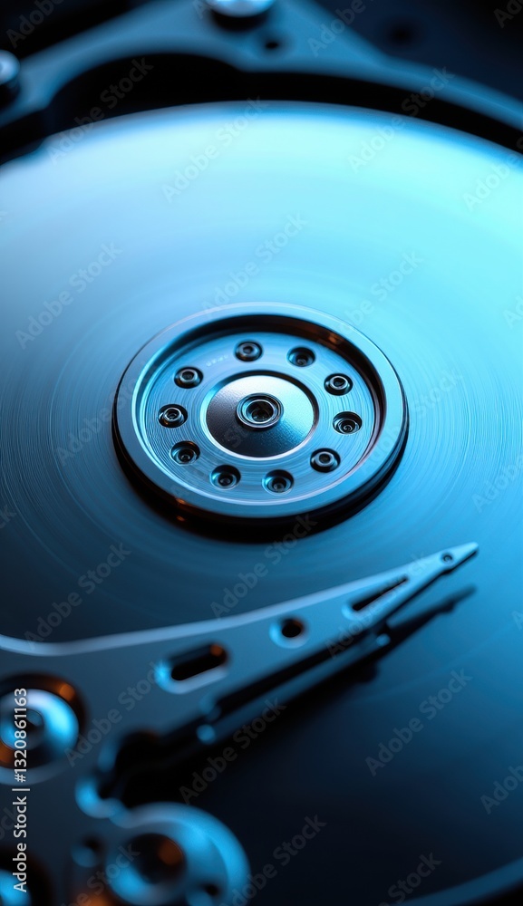 Close-Up of Hard Drive Mechanism with Reflective Surface and Lights Close-Up of Hard Drive Mechanism with Reflective Surface and Lights