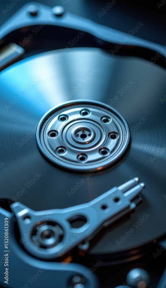 Close-Up of Hard Drive Mechanism with Reflective Surface and Lights Close-Up of Hard Drive Mechanism with Reflective Surface and Lights
