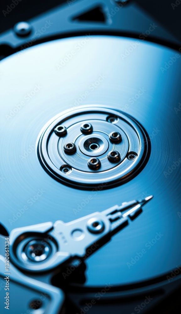 Close-Up of Hard Drive Mechanism with Reflective Surface and Lights Close-Up of Hard Drive Mechanism with Reflective Surface and Lights