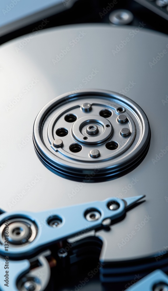 Close-Up of Hard Drive Mechanism with Reflective Surface and Lights Close-Up of Hard Drive Mechanism with Reflective Surface and Lights