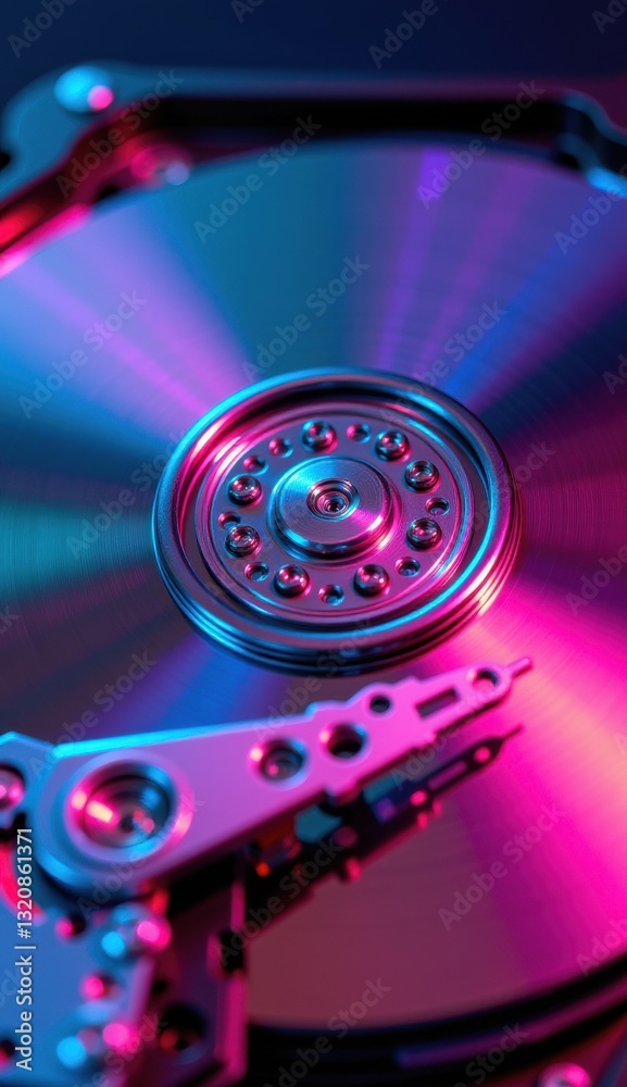 Close-Up of Hard Drive Mechanism with Reflective Surface and Lights Close-Up of Hard Drive Mechanism with Reflective Surface and Lights