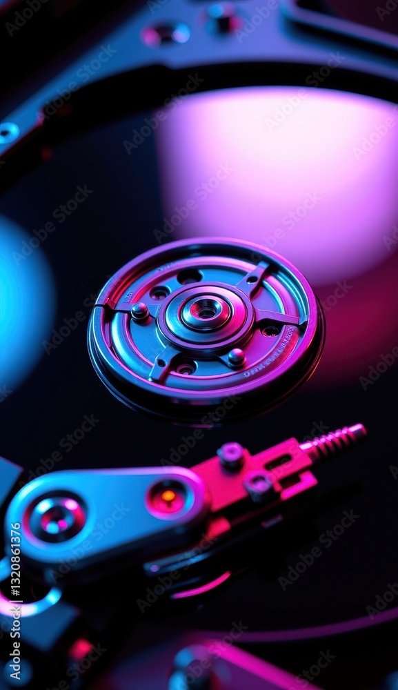 Close-Up of Hard Drive Mechanism with Reflective Surface and Lights Close-Up of Hard Drive Mechanism with Reflective Surface and Lights