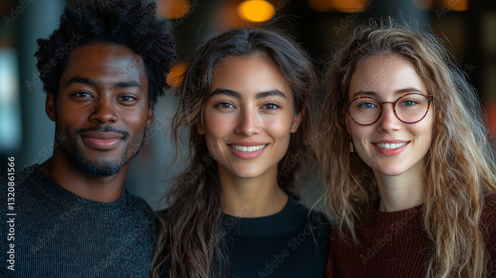 Fototapeta premium Diverse Multiracial Team in Office, Smiling Confident Individuals, Symbolizing Positivity and Unity