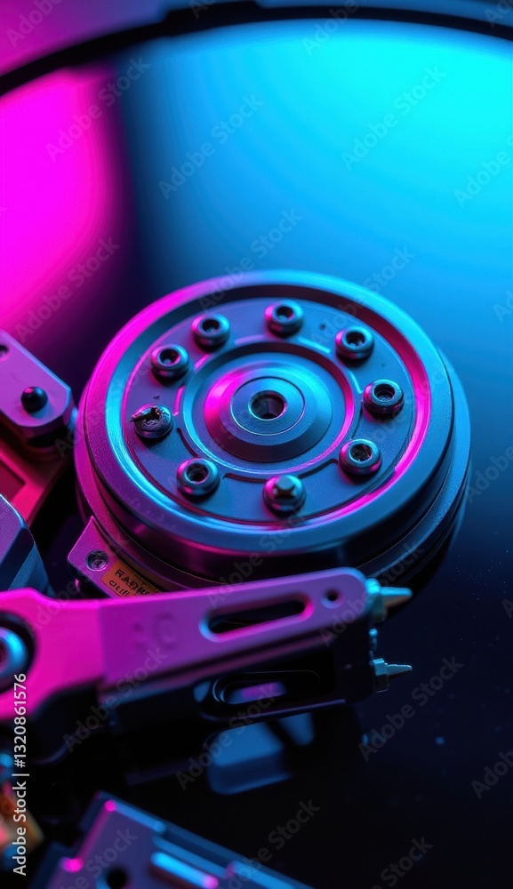 Close-Up of Hard Drive Mechanism with Reflective Surface and Lights Close-Up of Hard Drive Mechanism with Reflective Surface and Lights