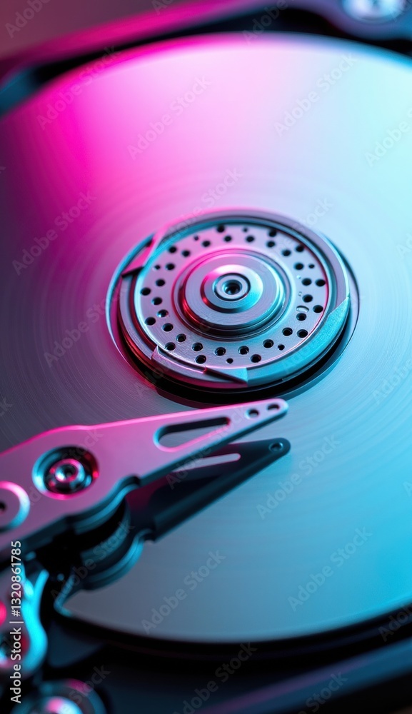Close-Up of Hard Drive Mechanism with Reflective Surface and Lights Close-Up of Hard Drive Mechanism with Reflective Surface and Lights