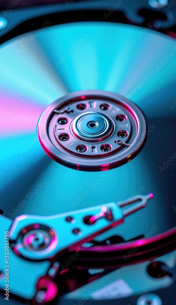 Close-Up of Hard Drive Mechanism with Reflective Surface and Lights Close-Up of Hard Drive Mechanism with Reflective Surface and Lights