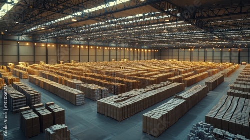 An expansive warehouse filled with neatly organized shelves showcasing a variety of products ready for distribution.