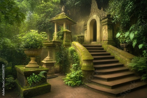 Exploring an Ancient Stone Staircase Leading to a Hidden Temple Surrounded by Lush Vegetation in a Serene Forest
