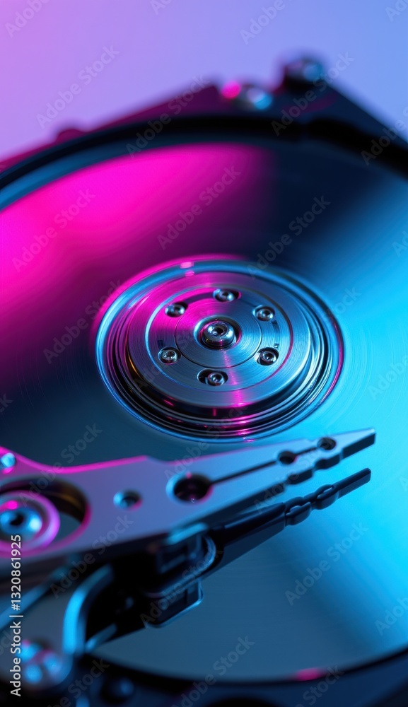 Close-Up of Hard Drive Mechanism with Reflective Surface and Lights Close-Up of Hard Drive Mechanism with Reflective Surface and Lights