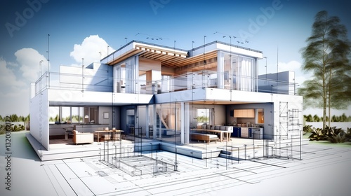 vision of architecture of a 3d model house project with blueprint